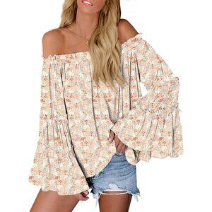Womens Flower Print Off Shoulder Shirts Long Bell Sleeve Top Flared Blouse Large